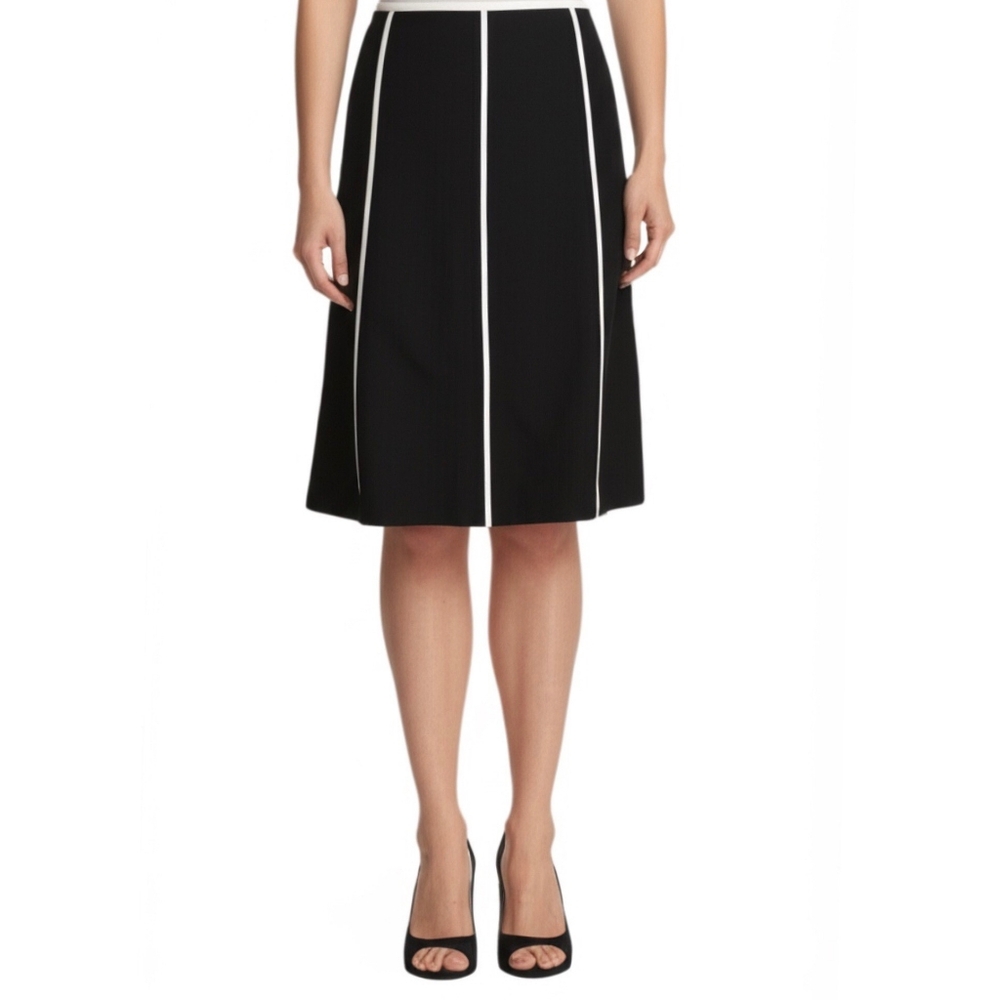 Ann Taylor Black skirt white piping trim lined Sz.14P Business Casual Classic - Picture 2 of 3